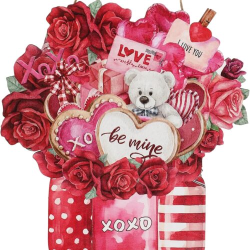 Happy Valentine‘s Day Wooden Door Hanging Sign Farmhouse Door Decor Vintage Valentine‘s Day Wood Love Rose Bear Sign Rustic Wall Plaque Ornaments for Window Wall Porch