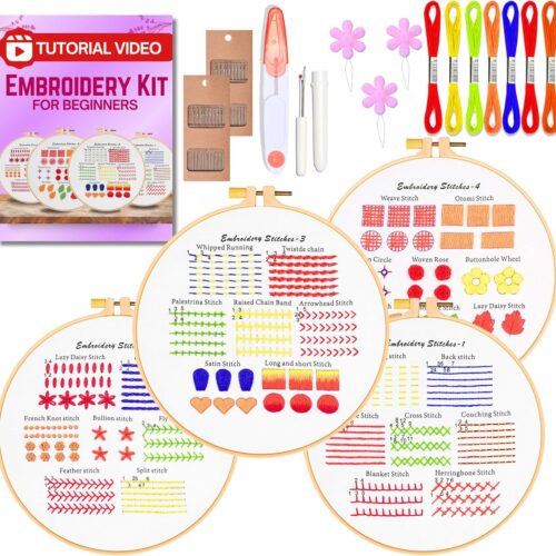 1 4 Sets Embroidery Kit for Beginners with Video Guide, Embroidery Patterns - Easy to Learn 28 Stitches DIY Cross Stitch Kit 1x Hoop & Threads⏐Beginner Embroidery Kit for Adults and Kids