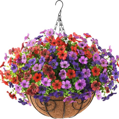 1 Artificial Flowers Hanging Baskets, Multicolor 12 Bundles Faux Flower Outdoor Hanging Basket Spring Summer Decoration, Fake Plants for Porch Patio Balcony Home Yard Decor(Mixd 2)