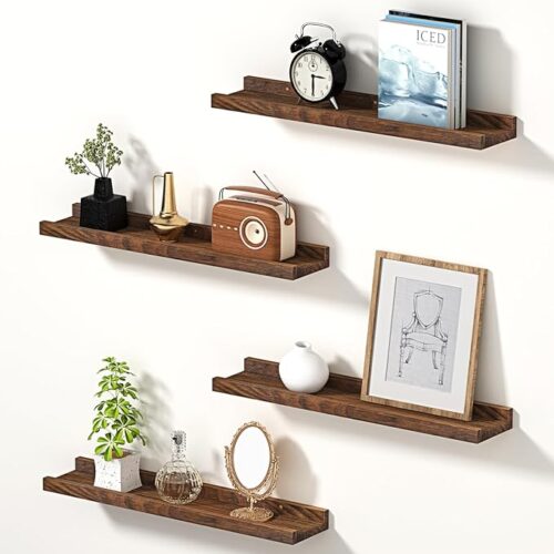 1 16 inch Floating Shelves for Wall,Wall Mounted Storage Shelves Set of 4,Natural Wood Picture Ledge Shelf with Lip for Living Room, Kitchen, Bathroom,Rustic Brown