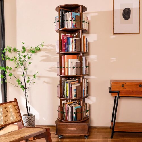1 Solid Wood Rotating Bookshelf, 360° Display Bookcase with 1 Drawer, Spinning Bookshelf Tower with Wheels, 72 inch Tall Bookcase for Small Space, Revolving Book Shelf for Home Office, Walnut Finish