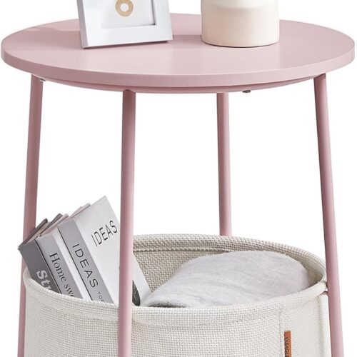 1 End Table, Small Bedside Table with Fabric Basket, Modern Nightstand, Round Side Table, for Living Room, Bedroom, Jelly Pink and Cream White