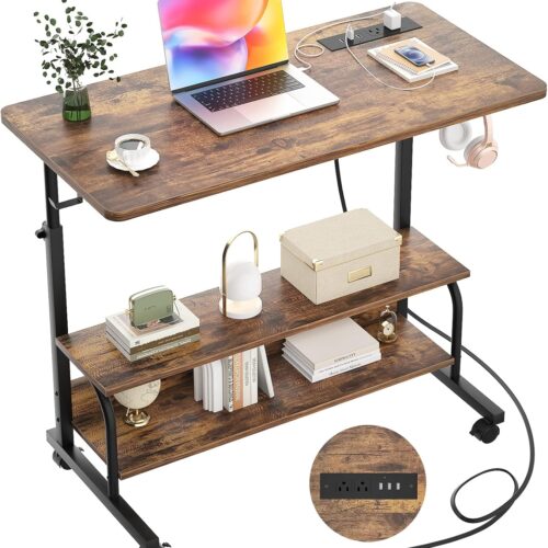 1 Height Adjustable Standing Desk with Power Outlets, 32" Manual Stand Up Desk with Storage Shelves Small Mobile Rolling Computer Desk Portable Laptop Table with Wheels for Home Office, Rustic