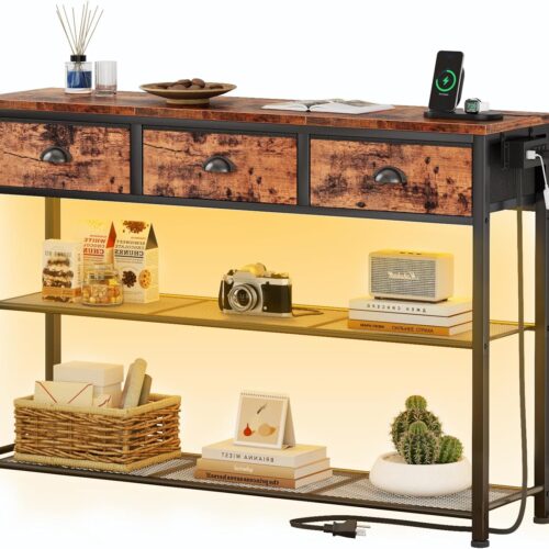 1 Console Table with Charging Station & 3 Fabric Drawers, 38'' Entryway Table with Storage Shelves and LED Light, Industrial Foyer Table for Entry Way, Display Shelf for Hallway, Rustic Brown
