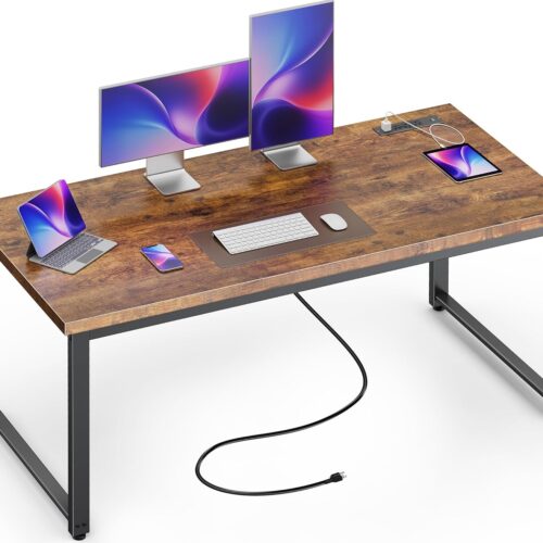 55 Inch Desk with Power Outlets & USB-C, Deeper & Thicker Desktop, Robust Metal Tubes, Computer Desk, Heavy Duty Office Desk, Work Gaming Desk for Home Office, Rustic Brown