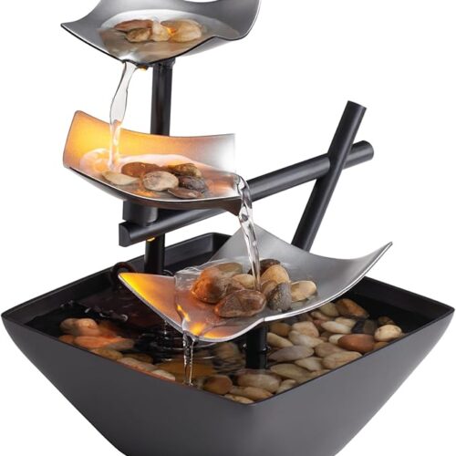 Tabletop Water Fountain, Home Décor Soothing Sound Machine - Automatic Pump, Deep Basin & Natural River Rocks. Indoor Zen Relaxation for Office, Living Room, or Bedroom, 8.25” Tall