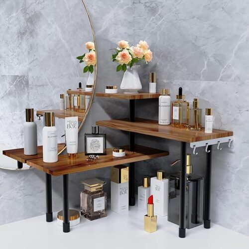 Kitchen Counter Shelf Organizer, 3 Tier Corner Shelf Bathroom Countertop Organizer with Hooks, Space Saving Makeup Spice Rack Corner Plant Shelf