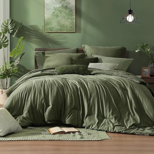 Queen Comforter Set - 7 Pieces Cationic Dyeing Olive Green Bed in a Bag Queen Bedding Sets with Comforter, Sheets, Pillowcases & Shams, Reversible Bedding Comforters Sets