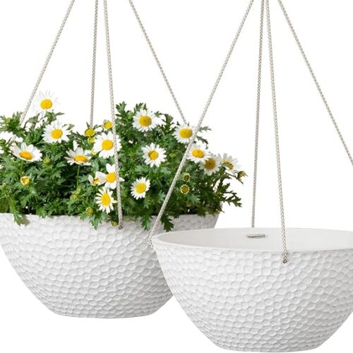 Hanging Planters for Outdoor Plants, Large Hanging Planter with Drain Holes, Outdoor Hanging Flower Pots, White Stone, Honeycomb (13.2 Inch, Set of 2)