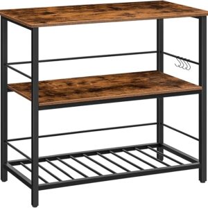 Kitchen Island with Wine Rack, Industrial Kitchen Counter with Hooks and Protective Rails, 3 Tier Kitchen Shelf with Large Workstation, Easy Assembly, Rustic Brown BF02ZD01
