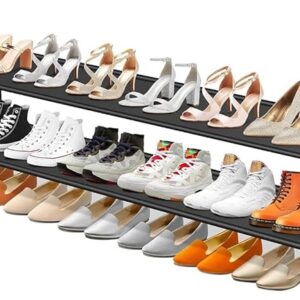 Long 2-Tier Shoe Organizer for Closet, Stackable Wide Shoe Rack Holds 18-Pairs Low Shoe Shelf Storage for Bedroom, Floor, Entryway(Black)