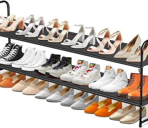 Long 2-Tier Shoe Organizer for Closet, Stackable Wide Shoe Rack Holds 18-Pairs Low Shoe Shelf Storage for Bedroom, Floor, Entryway(Black)
