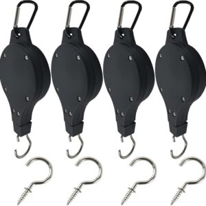 4PCS Plant Pulley Hanger with 4PCS Metal Ceiling Plant Hooks, Retractable Plant Hanger Adjustable Easy Reach Plant Hanging Hook for Garden Pots and Birds Feeder Indoor Outdoor Decoration