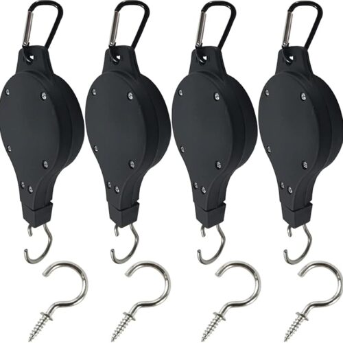 4PCS Plant Pulley Hanger with 4PCS Metal Ceiling Plant Hooks, Retractable Plant Hanger Adjustable Easy Reach Plant Hanging Hook for Garden Pots and Birds Feeder Indoor Outdoor Decoration