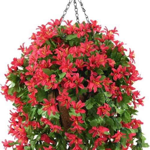 Artificial Fake Hanging Plants Flowers Basket for Summer Outdoor Outside Porch Decoration,UV Resistant Faux Silk Violet in Planter Realistic for Home Patio Balcony Garden Yard Decor(Red)