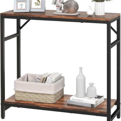 Narrow Console Table, Small Entryway Table with 2 Support Bar, 2 Tier Sofa Table, 29.5" Thin Couch Table, Display Table, Side Table for Living Room, Hallway, Bedroom, Rustic Brown