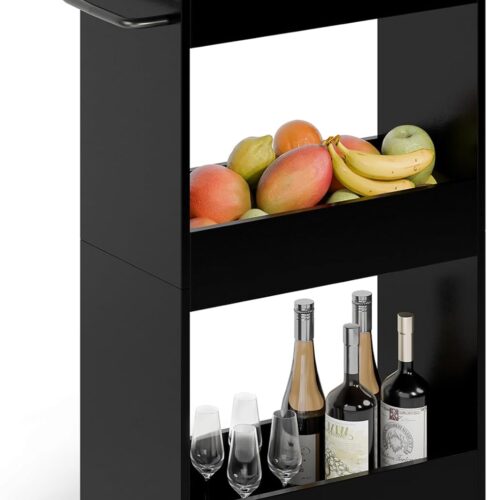 Wood Rolling Storage Cart 7.9" W, 3 Tier Slim Utility Kitchen Cart on Wheels Laundry Room Bathroom Organizers Narrow Shelves with Handle Mobile Shelving Unit for Small Places, Black