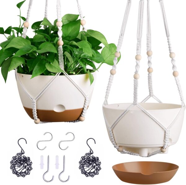 Set of 2-10 Inch Hanging Planters for Indoor Plants with Self-Watering Includes Hanging Pots for Plants, Outdoor Hanging Plant Pot with Drainage, and 2 Types of Hanging Baskets Hangers (White, 10inch) 1