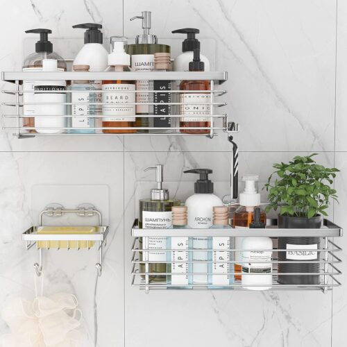 Shower Caddy 3 Pack-Shower Bathroom Shelves Rack,Rustproof Wall Mounted SUS304 Stainless Steel-No Drilling,Adhesive Shower Shelf Basket Organizer-Silver