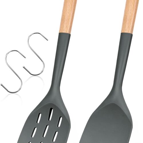 Pack of 2 Silicone Spatula, Non Stick Cooking Utensil Set Wooden Handle Kitchen Turner for Baking Mixing Grilling Serving Food Heat Resistant Non Scratch Hooks Included (Grey)