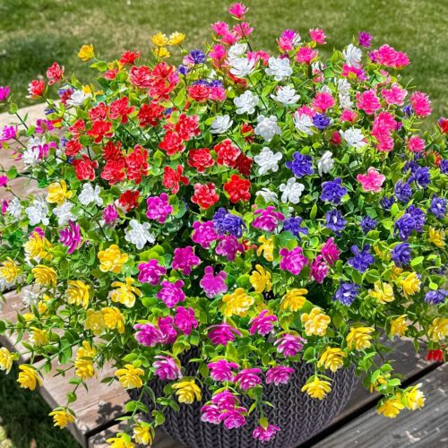 Artificial Faux Flowers Plants for Outdoors Indoor Decoration, 12 Bundles Fake Plastic Mix-Colored Flowers UV Resistant Faux Greenery Bushes Shrubs for Home Porch Patio Garden (Mix)