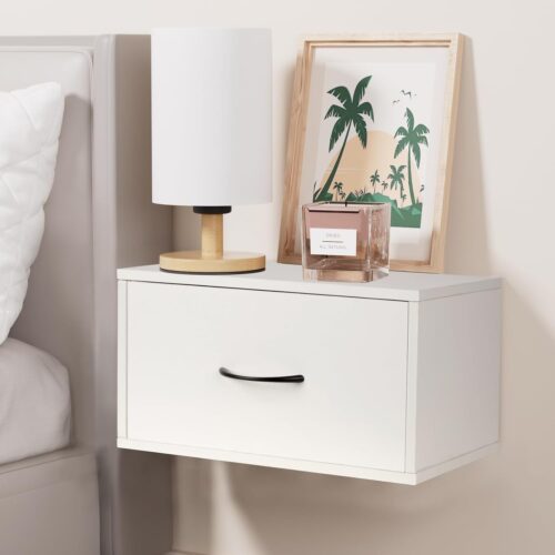 Floating Nightstand Shelf with Drawer, Bedside Shelf Wall Mounted Nightstand, White Bed Side Table/Night Stand with Drawer, Small Wall Shelves for Bedroom Modern Decor