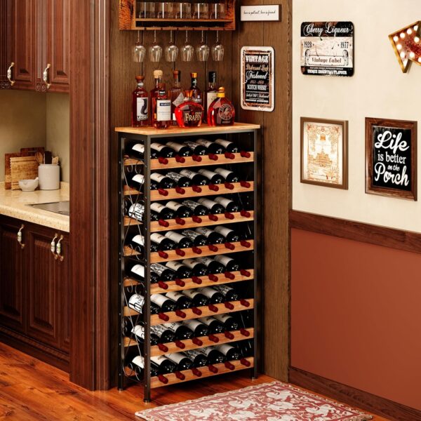 48 Bottles Wine Rack Freestanding Floor with Wood Top, 8 Tier Wine Bottle Holder, Wine Storage for Kitchen Pantry, Tall Wine Bar Stand Shelf Display 25.2''L X 10.7''W X 47.2''H 1