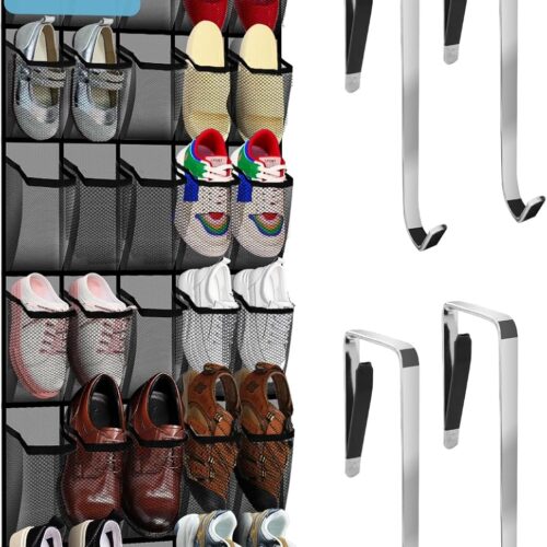 Over the Door Shoe Organizer, 30 Multi-Size Large Breathable Mesh Pockets, Reusable Breathable Large Mesh Pockets, Boys' and Girls' Shoe Organizer, Space Saving Hanging Organizer (Gray)