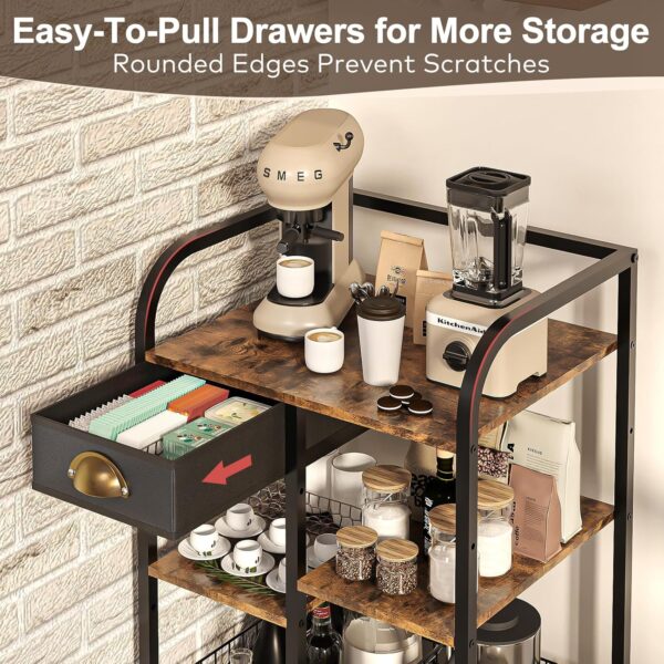 Coffee Bar with Wheels, Mobile Coffee Table with Storage Drawer, 4-Tier Adjustable Coffee Cart, Rustic Wood Coffee bar Station for Kitchen/Entrance/Living Room/Dining Room 5