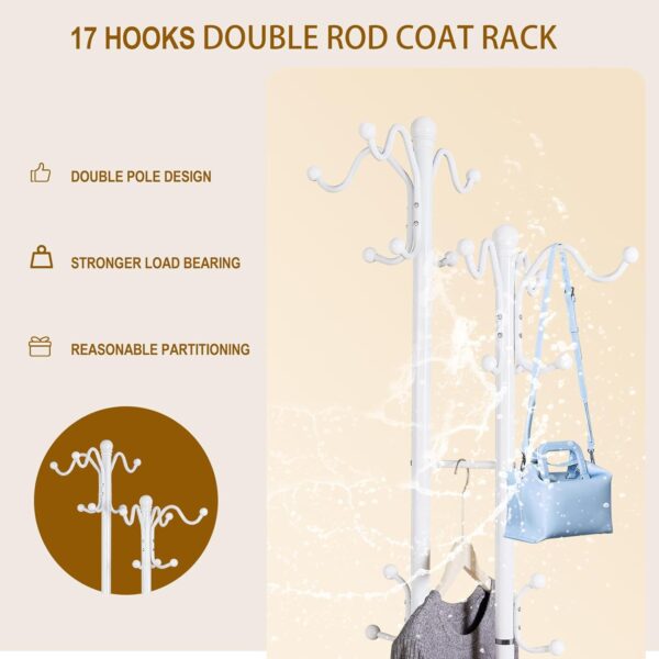 Metal Coat Rack With 17 Hooks, Double-Pole Freestanding Stand, Modern White Standing Tree Holder for Entryway 4
