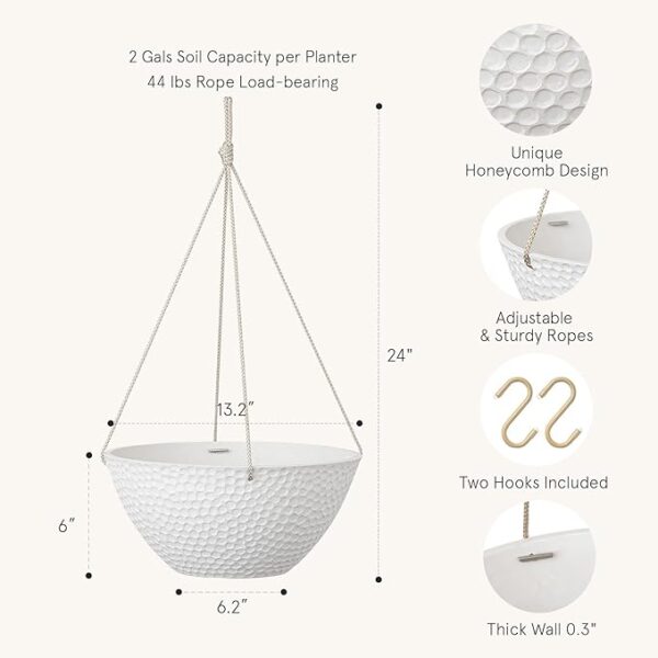 Hanging Planters for Outdoor Plants, Large Hanging Planter with Drain Holes, Outdoor Hanging Flower Pots, White Stone, Honeycomb (13.2 Inch, Set of 2) 5