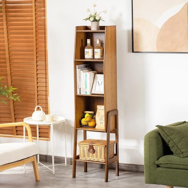 Modern End Table, Natural Bamboo Nightstand with 3 Tier Storage, Open Shelf Side Table for Bedroom, Living Room, Walnut, Large 5