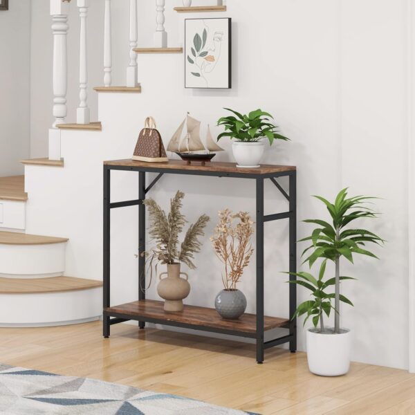 Narrow Console Table, Small Entryway Table with 2 Support Bar, 2 Tier Sofa Table, 29.5" Thin Couch Table, Display Table, Side Table for Living Room, Hallway, Bedroom, Rustic Brown 5