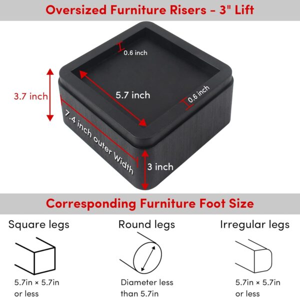 Oversized Bed Risers Heavy Duty Stackable 4 Pack, Furniture Risers for Sofas 3 Inch or 6 Inch Supports Up to 11000 Lbs, Square Bed Raising Blocks Fits 5.5 Inch Wide Desk or Couch (Black) 5