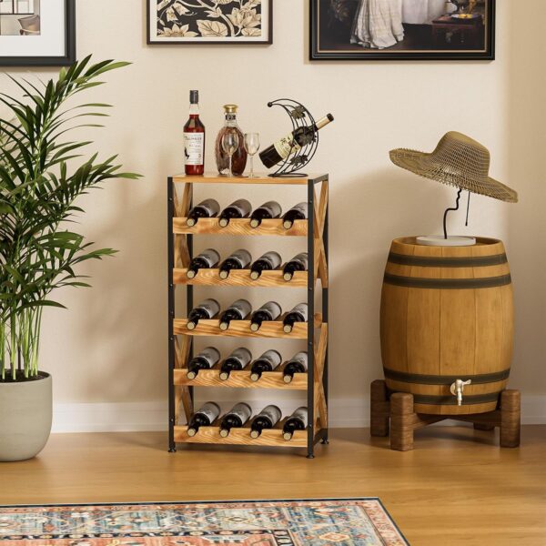 20 Bottle Wine Rack Freestanding Floor with Wood Top,Wobble-Free 5 Tier Wine Display Storage Stand Shelf,Stackable Modular Wine Bottle Holder Rack for Kitchen,Cellar,Living Room 5