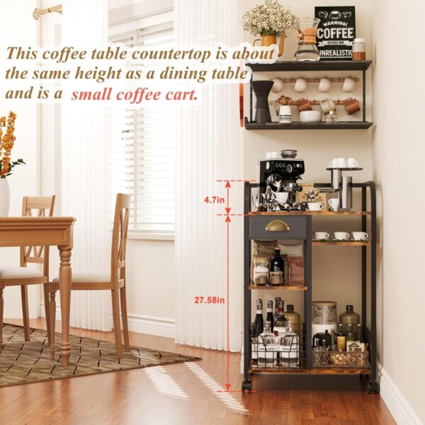 Coffee Bar with Wheels, Mobile Coffee Table with Storage Drawer, 4-Tier Adjustable Coffee Cart, Rustic Wood Coffee bar Station for Kitchen/Entrance/Living Room/Dining Room 4