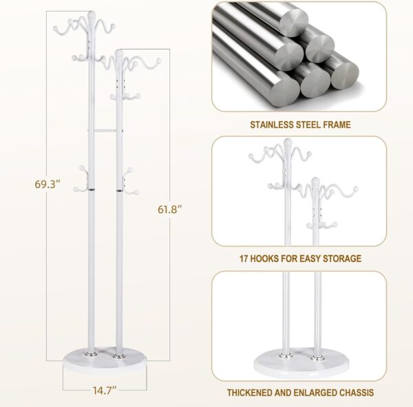 Metal Coat Rack With 17 Hooks, Double-Pole Freestanding Stand, Modern White Standing Tree Holder for Entryway 3