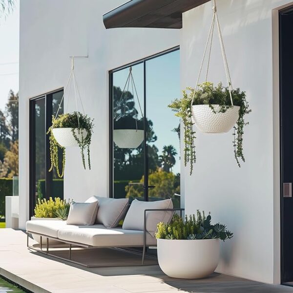 Hanging Planters for Outdoor Plants, Large Hanging Planter with Drain Holes, Outdoor Hanging Flower Pots, White Stone, Honeycomb (13.2 Inch, Set of 2) 4