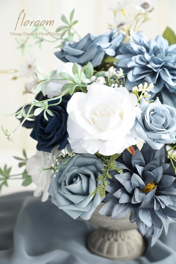 Dusty Blue Navy Artificial Flowers Fake Roses Peonies Dahlias and Greenery Combo Box Set for DIY Wedding Bouquets Bridal Shower Centerpieces Floral Arrangements Party Tables Home Decorations 4