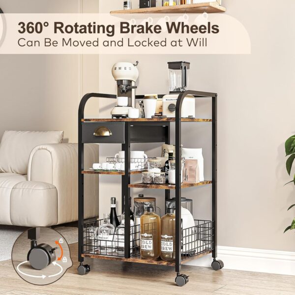 Coffee Bar with Wheels, Mobile Coffee Table with Storage Drawer, 4-Tier Adjustable Coffee Cart, Rustic Wood Coffee bar Station for Kitchen/Entrance/Living Room/Dining Room 3
