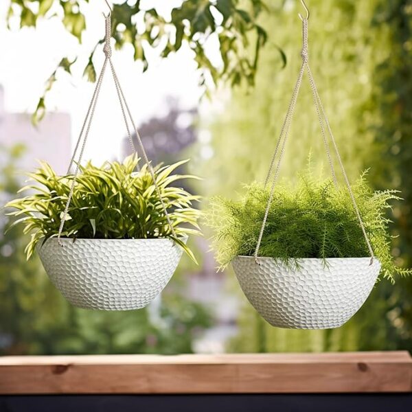 Hanging Planters for Outdoor Plants, Large Hanging Planter with Drain Holes, Outdoor Hanging Flower Pots, White Stone, Honeycomb (13.2 Inch, Set of 2) 3