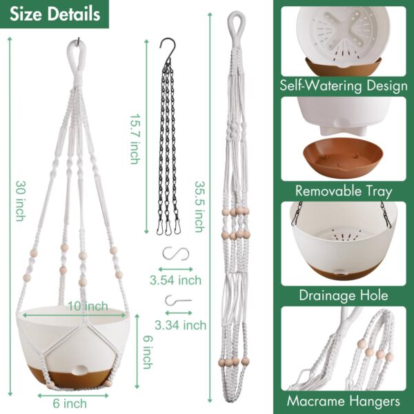 Set of 2-10 Inch Hanging Planters for Indoor Plants with Self-Watering Includes Hanging Pots for Plants, Outdoor Hanging Plant Pot with Drainage, and 2 Types of Hanging Baskets Hangers (White, 10inch) 3
