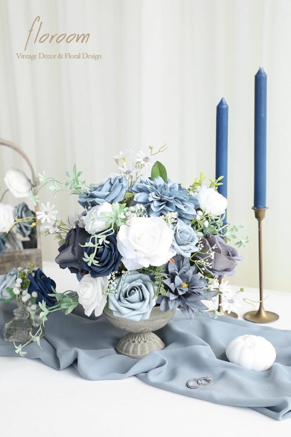 Dusty Blue Navy Artificial Flowers Fake Roses Peonies Dahlias and Greenery Combo Box Set for DIY Wedding Bouquets Bridal Shower Centerpieces Floral Arrangements Party Tables Home Decorations 3
