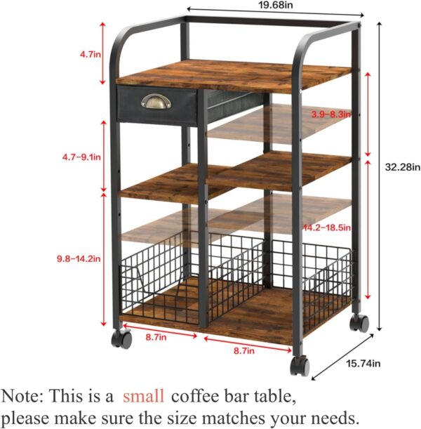 Coffee Bar with Wheels, Mobile Coffee Table with Storage Drawer, 4-Tier Adjustable Coffee Cart, Rustic Wood Coffee bar Station for Kitchen/Entrance/Living Room/Dining Room 2