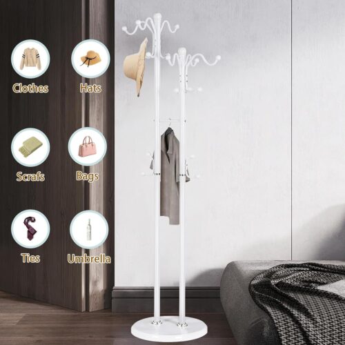 5 Metal Coat Rack With 17 Hooks, Double-Pole Freestanding Stand, Modern White Standing Tree Holder for Entryway