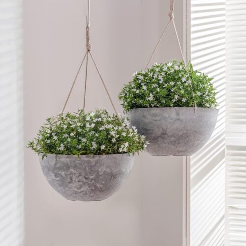 5 Hanging Planter Flower Plant Pots - 10 Inch Indoor Outdoor Balcony Patio Hanging Basket Set of 2, Marble Pattern