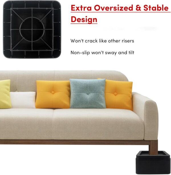 Oversized Bed Risers Heavy Duty Stackable 4 Pack, Furniture Risers for Sofas 3 Inch or 6 Inch Supports Up to 11000 Lbs, Square Bed Raising Blocks Fits 5.5 Inch Wide Desk or Couch (Black) 2