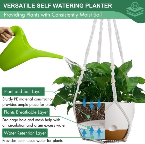 Set of 2-10 Inch Hanging Planters for Indoor Plants with Self-Watering Includes Hanging Pots for Plants, Outdoor Hanging Plant Pot with Drainage, and 2 Types of Hanging Baskets Hangers (White, 10inch) 2