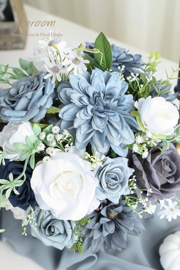 Dusty Blue Navy Artificial Flowers Fake Roses Peonies Dahlias and Greenery Combo Box Set for DIY Wedding Bouquets Bridal Shower Centerpieces Floral Arrangements Party Tables Home Decorations 2