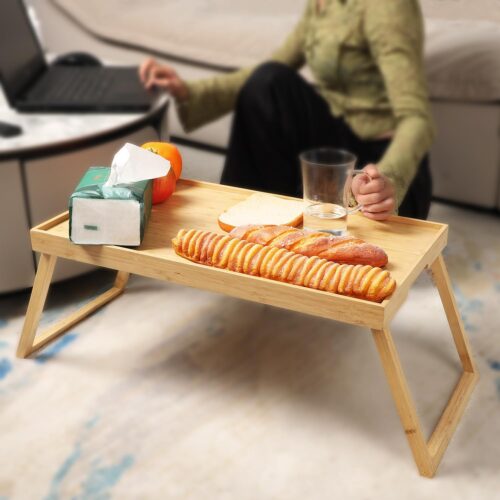 Bamboo Tray Table with Foldable Legs for Bed and Sofa, Breakfast Tray for Eating, Working, and Studying, Used As Laptop Desk, Snack Tray, Stable and Durable, 20.9x11.8x10 in